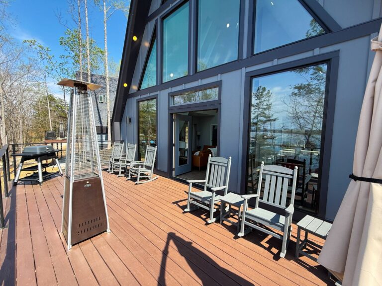 Rocking chairs and patio heater on the deck