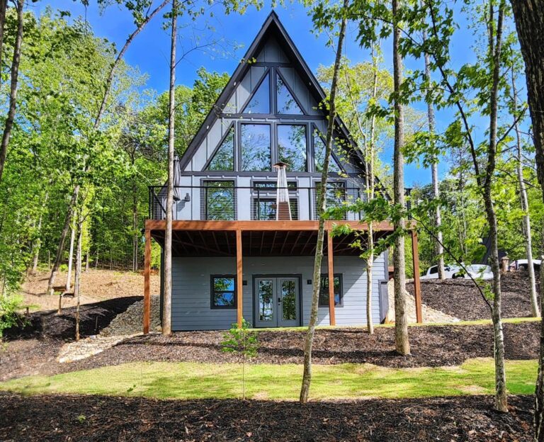 The front of the A-frame under a blue sky