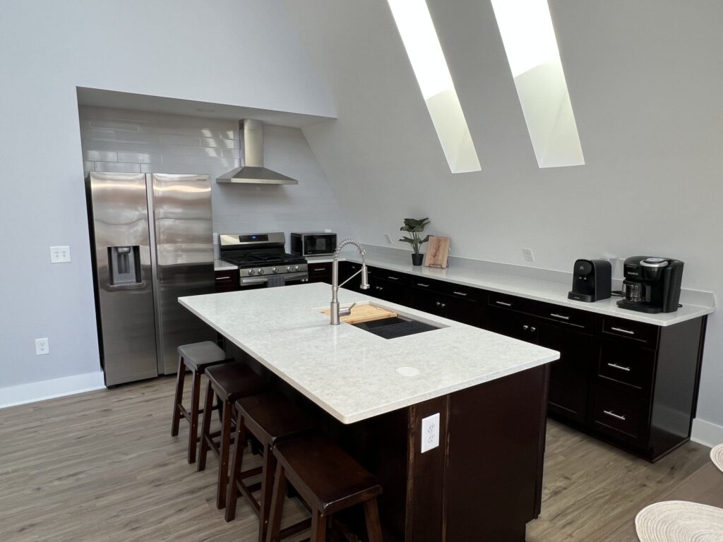 The kitchen with an island and bar stools