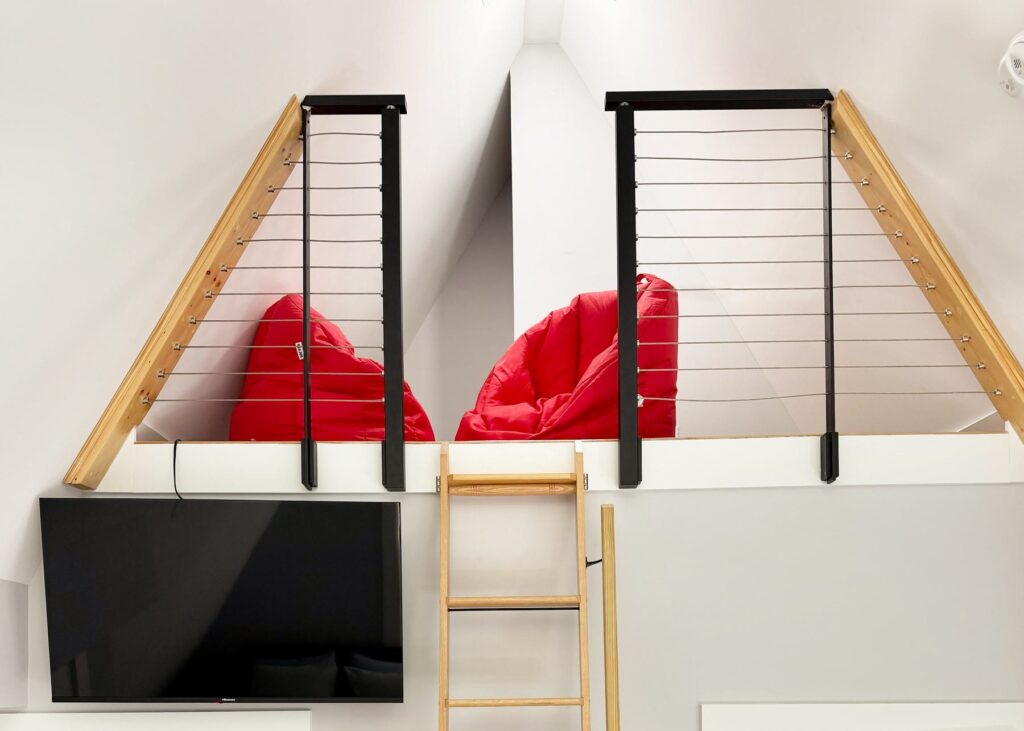 Beanbag chairs in the upstairs loft under the A-frame rafters